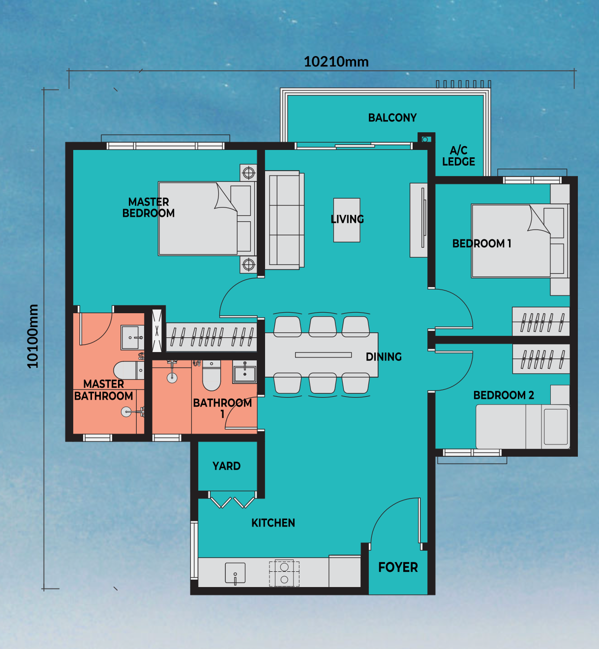 Sea Crestz Type B | 850 sq.ft floor plan, Kuantan Waterfront Resort City
